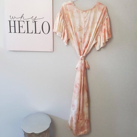 NWOT Free People abstract tie dye print satin effect & lace accent washed robe - Picture 14 of 16